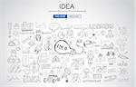 idea concept with light bulb and doodle sketches infographic icons hand drawn.