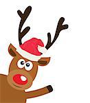 vector illustration of a funny reindeer in Santa hat waiving