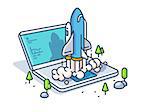 Starting startup with laptop. New business start rocket. Vector illustration
