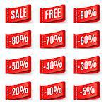 Red sale tags with different discount values isolated on white background