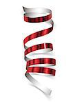 Festive red ribbon on white background. Realistic vector streamers. Carnival party serpentine decoration for your banner and greating card design.