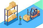 Warehouse for storage and distribution of cargo in isometric style. Vector illustration