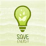 save energy and bulb symbol with leaf - text and sign over green grunge background, eco saving and recycling concept