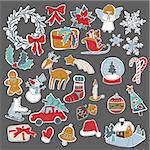 Christmas sticker icon set with gift box, xmas tree, deer, snowman, gingerbread cookie, candle, bell, poinsettia flower, sleigh, wreath and other. 25 elements can be used for advent calendar