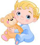 Illustration of creeping baby holds Teddy bear