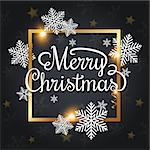 Vector Christmas greeting card. White snowflakes and golden frame on a black background. Merry Christmas lettering