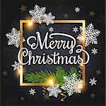 Vector Christmas greeting card. White snowflakes and green fir branch in a golden frame on a black background. Merry Christmas lettering