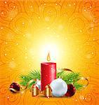 Christmas greeting card with red candle, green fir branch and white decorations on an orange background.