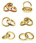 Collection of gold wedding rings. Objects isolated on white background. 3d render