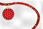 Template Christmas card with copy space showing red ribbon and bauble with golden design elements, snowflakes and bokeh