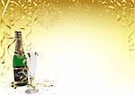 Gold Happy New Year Background with Champagne, Golden Confetti, Ribbons and Fireworks - Abstract Festive Illustration, Vector