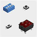 Set of different electric buttons and switches isolated on white background. 3D isometric style, vector illustration.