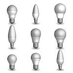 Set of various photo realistic LED and energy-saving light bulbs. Element for the design of electrical components. 3D style, vector illustration.