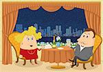 Respectable man and fat lady in red sitting near the table in a restaurant with view on night city and raising a toast, funny cartoon illustration. Vector