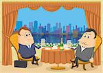 Two respectable men sitting near the table in a restaurant with view on big city and raising a toast, celebrating a successful transaction, funny cartoon illustration. Vector