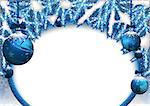 Blue Christmas Background with Baubles and Coniferous Branches - Festive Snowy Illustration, Vector