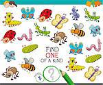 Cartoon Illustration of Find One of a Kind Educational Activity Game for Children with Insects Animal Characters