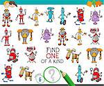 Cartoon Illustration of Find One of a Kind Educational Activity Game for Children with Robots Fantasy Characters