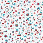 Christmas seamless pattern with gift box, xmas tree, deer, snowman, gingerbread cookie, candle, bell, poinsettia, sleigh, wreath and other. Red and blue colors