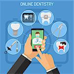 Online dentistry concept with flat icons hands, smartphone, dentist, braces, cartridge syringe, x-ray and implant. vector illustration
