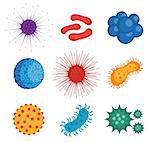 Viruses and bacteria set of icons, flat style. Parasites infection collection design elements, isolated on white background. Medicine, diseases concept. Vector illustration