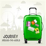 Suitcase with travel tags and european landmarks - tourism poster