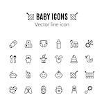 Baby toys thin line icon. Outline symbol kid plaything for games for the design of children's website, clinic and mobile applications. Outline stroke feeding, game, bathing pictograms. Pin, car seat, highchair, baby monitor, baby food and other baby accessories.