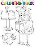 Coloring book mailman delivering box - eps10 vector illustration.