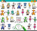 Cartoon Illustration of Find One of a Kind Educational Activity Game for Children with Robots Machines Characters