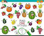 Cartoon Illustration of Find One of a Kind Educational Activity Game for Children with Fruits Funny Characters