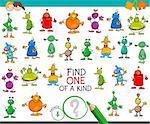 Cartoon Illustration of Find One of a Kind Educational Activity Game for Children with Aliens Fantasy Characters