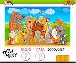 Cartoon Illustration of Educational Counting Game for Children with Dogs and Cats Animal Characters