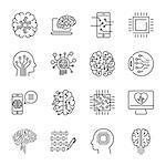 Simple set of artificial intelligence related line icons contains such icons as droid, eye, chip, brain. Editable Stroke. EPS 10