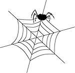 Black silhouette of  spider sitting on the spiderweb  isolated white background . Icon, clip art, vector illustration.