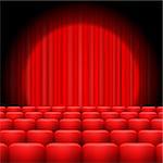 Red Curtains with Spotlight and Seats. Classic Cinema with Red Chairs