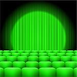 Green Curtains with Spotlight and Seats. Classic Cinema with Green Chairs
