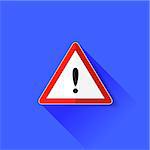 Exclamation Danger Sign Isolated on Blue Background. Long Shadow