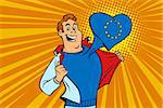 happy man fan, the European Union heart. Comic cartoon style pop art illustration vector retro