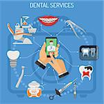 Online dentistry and dental services concept with flat icons dentist chair, hands, smartphone, dentist, braces, cartridge syringe, x-ray and implant. vector illustration