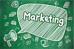 Business Concept. Megaphone with Phrase Marketing. Cartoon Illustration on Green Chalkboard. Marketing on Speech Bubble. Cartoon Illustration of Screaming Mouthpiece. Advertising Concept.