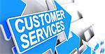 Customer Services, Inscription on Blue Pointer. Customer Services - Blue Arrow with a Inscription Indicates the Direction of Movement. 3D Illustration.