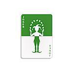 Playing card with Joker in green and white design with shadow on white background