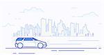 Modern car driving on highway near big city with skyscrapers silhouette. Family car. Big city with clouds on background. Mono blue color line illustration. Linear modern, trendy vector banner.