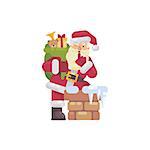 Santa Claus climbing into the chimney with a bag of presents. Christmas character flat illustration