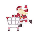 Santa Claus riding a shopping cart. Happy Christmas character flat illustration