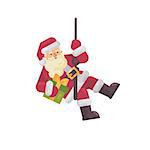 Santa Claus rappelling with a present in hand. Santa climbing down the chimney. Christmas character flat illustration
