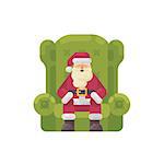 Santa Claus sitting in a big green armchair. Christmas character flat illustration