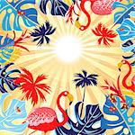 Bright tropical flamingo postcard against the background of sun rays and with leaves