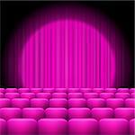 Pink Curtains with Spotlight and Seats. Classic Cinema with Pink Chairs