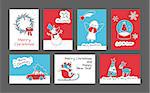 Collection of 7 cute Merry Christmas and Happy New Year cards. Set of printable hand drawn holiday posters templates. Vector seasonal postcard design.